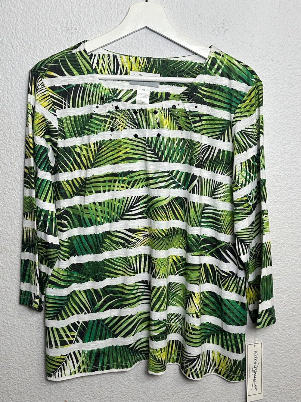 NEW Alfred Dunner Green Striped Top Cayman Islands Tropical Embellished XL P